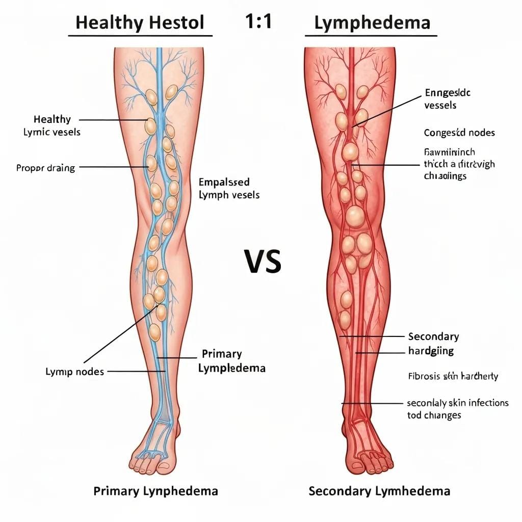 Understanding Genetic Predisposition to Lymphedema Risk 2 Comparison of healthy lymphatic system and damaged lymphatic system illustrating primary and secondary lymphedema