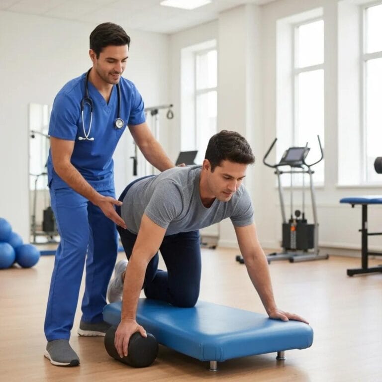 Active physical therapy session with therapist assisting patient in rehabilitation exercises