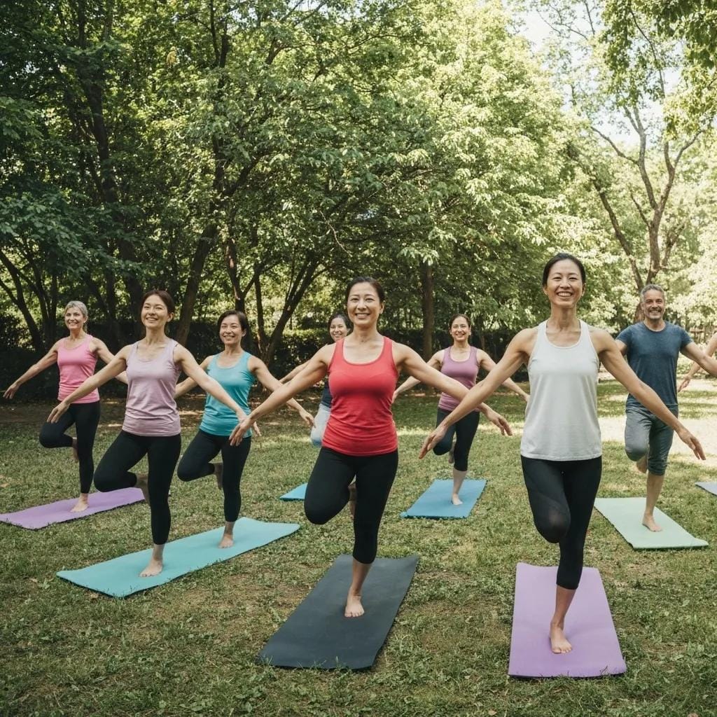 Understand Lymphedema Risk Factors You Need to Know 3 Diverse group of individuals participating in a gentle outdoor exercise class promoting healthy lifestyle choices