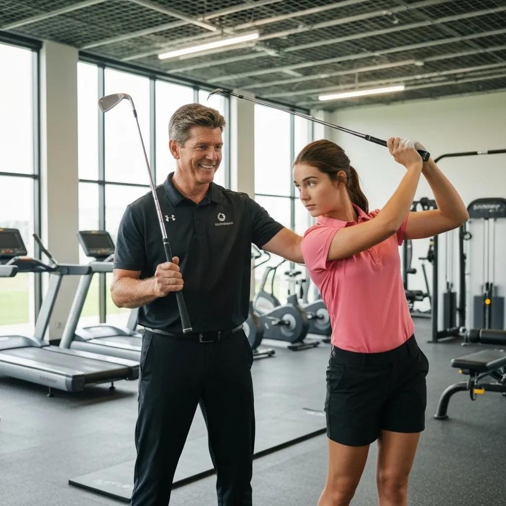 Optimize Your Swing with TPI Golf Performance Evaluation 2 Golf coach demonstrating movement screening exercise during TPI assessment