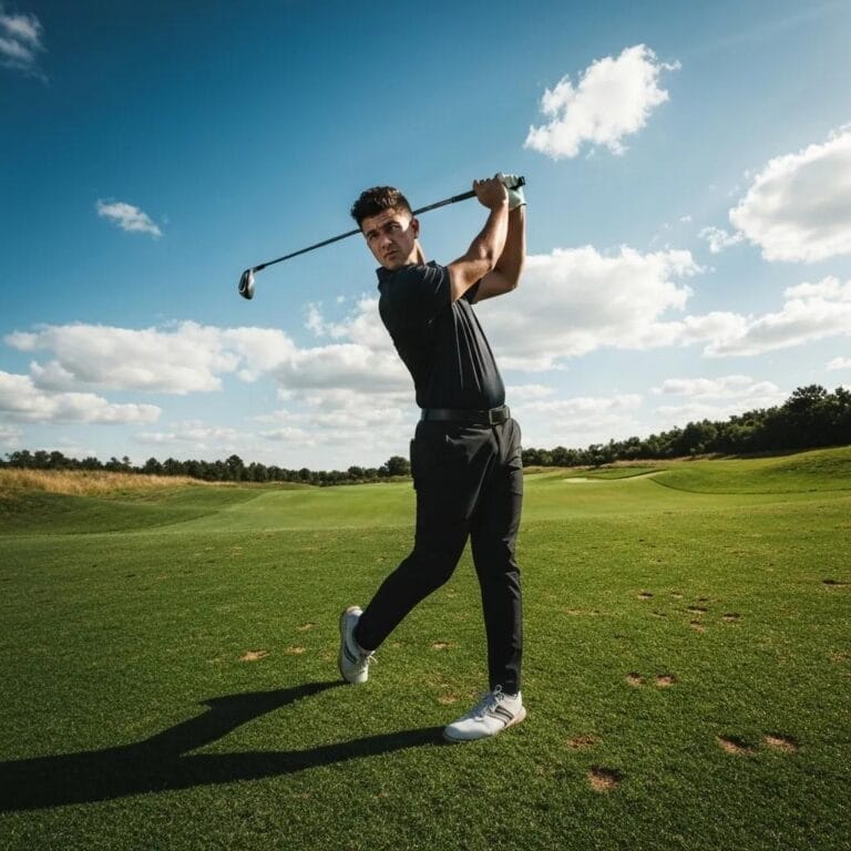 Golfer in mid-swing on a golf course, illustrating TPI performance evaluation