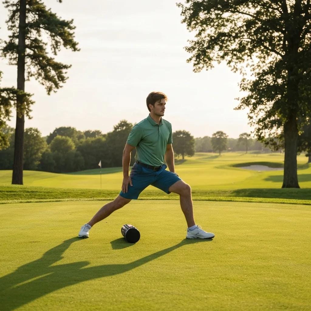 Golfer using a foam roller for injury prevention on a golf course