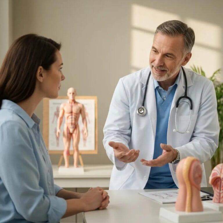 Healthcare professional discussing lymphedema causes with a patient in a clinical environment