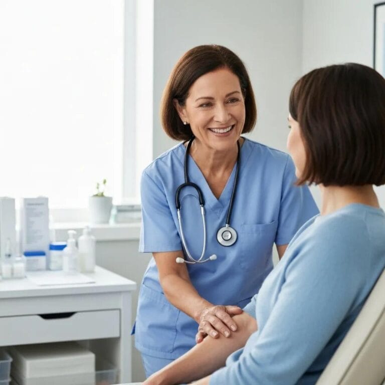 Healthcare professional discussing lymphedema with a cancer survivor in a supportive clinical environment
