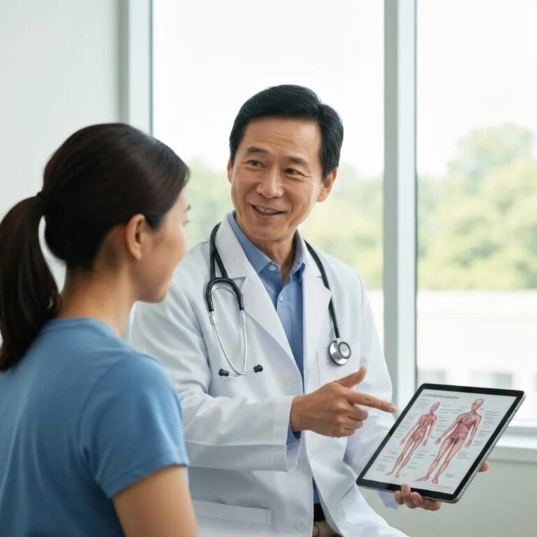 Healthcare professional explaining lymphedema to a patient with a digital tablet in a clinical setting
