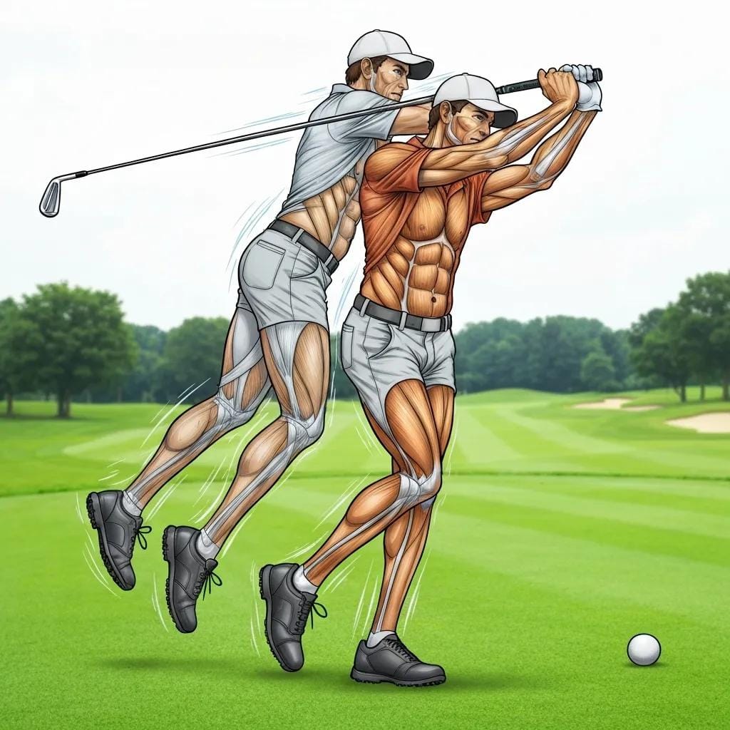 Illustration of the kinetic chain in a golf swing showing body segment interactions