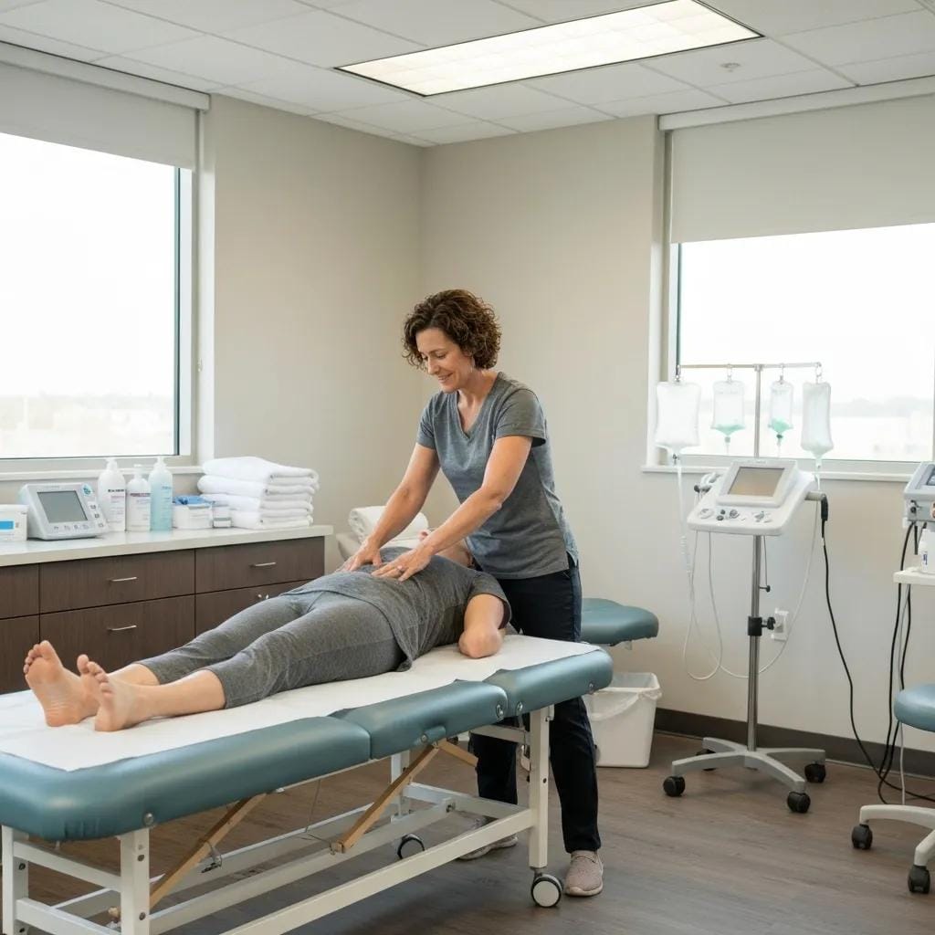 Understanding Genetic Predisposition to Lymphedema Risk 3 Therapist performing manual lymph drainage on a patient in a clinical rehabilitation setting
