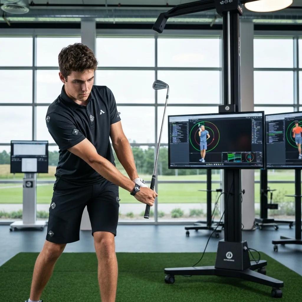Golfer undergoing 3D motion capture analysis in a modern sports facility, showcasing technology in swing improvement