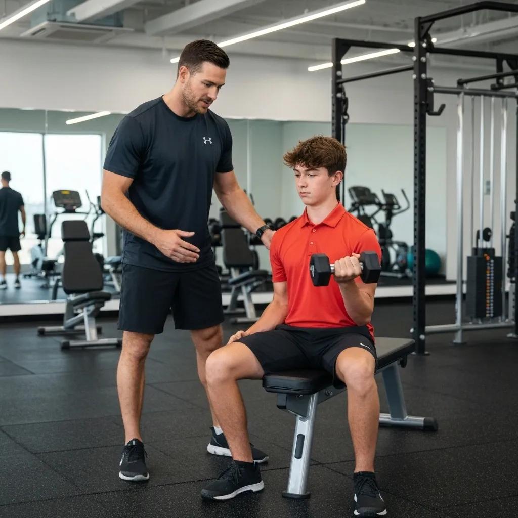 Personal trainer guiding a golfer through a strength training exercise in a gym