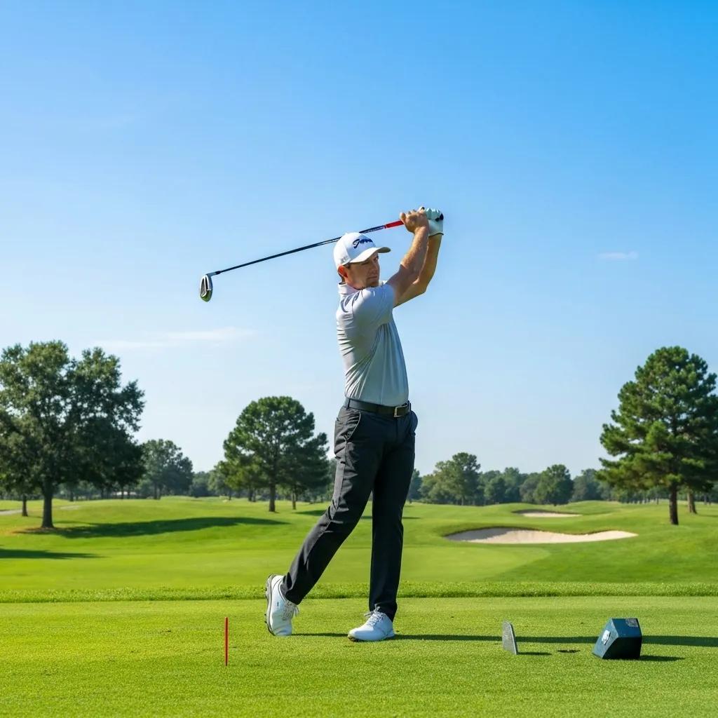 Golfer executing a perfect swing on a golf course, highlighting biomechanics and performance enhancement