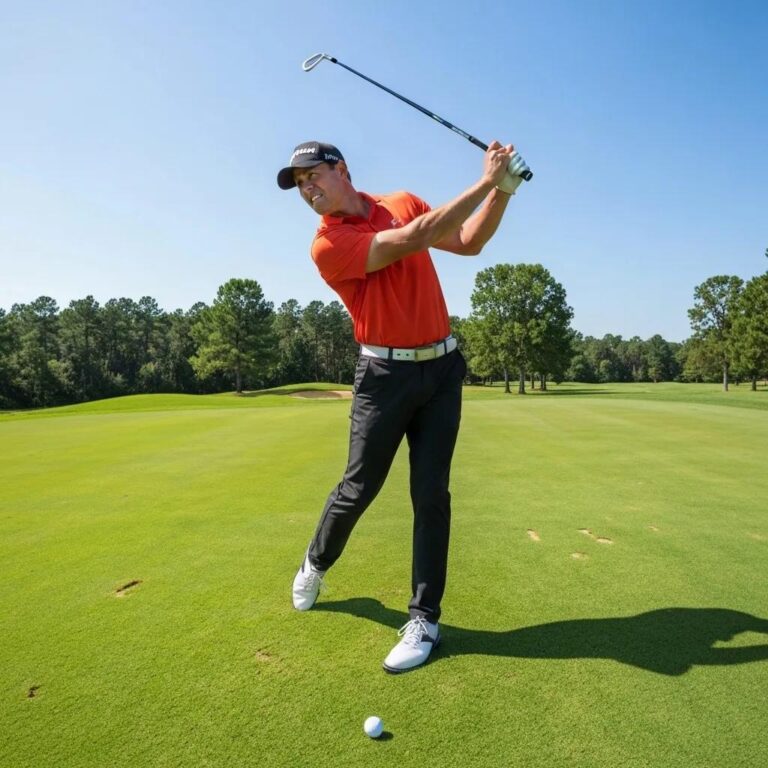 Golfer in mid-swing demonstrating proper technique on a golf course