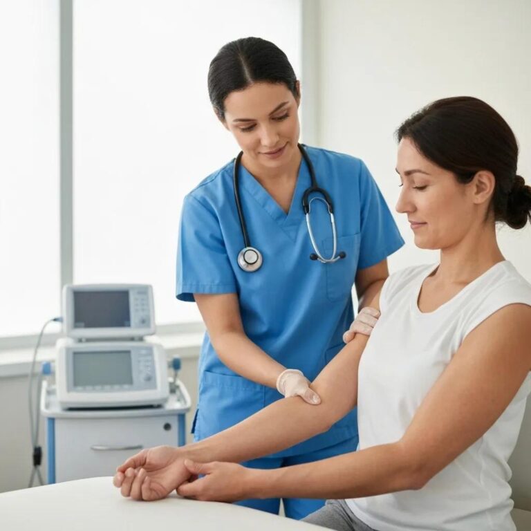 Healthcare professional examining a patient's arm for post-surgical lymphedema in a clinical setting