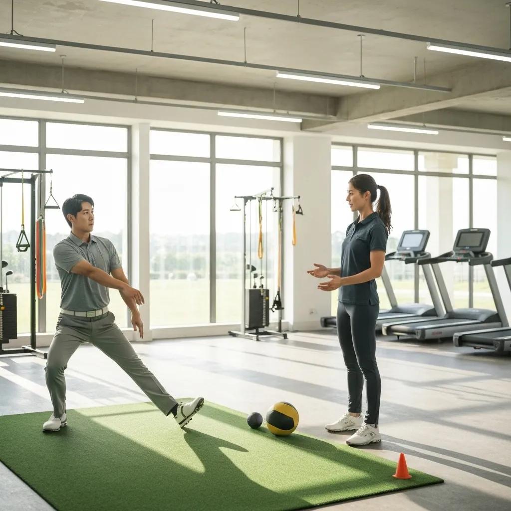 Physical therapist assisting a golfer with injury prevention exercises in a rehabilitation setting, emphasizing personalized care