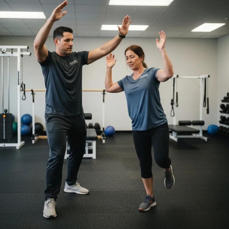 Therapist conducting a Functional Movement Screening assessment with a patient in a therapy clinic